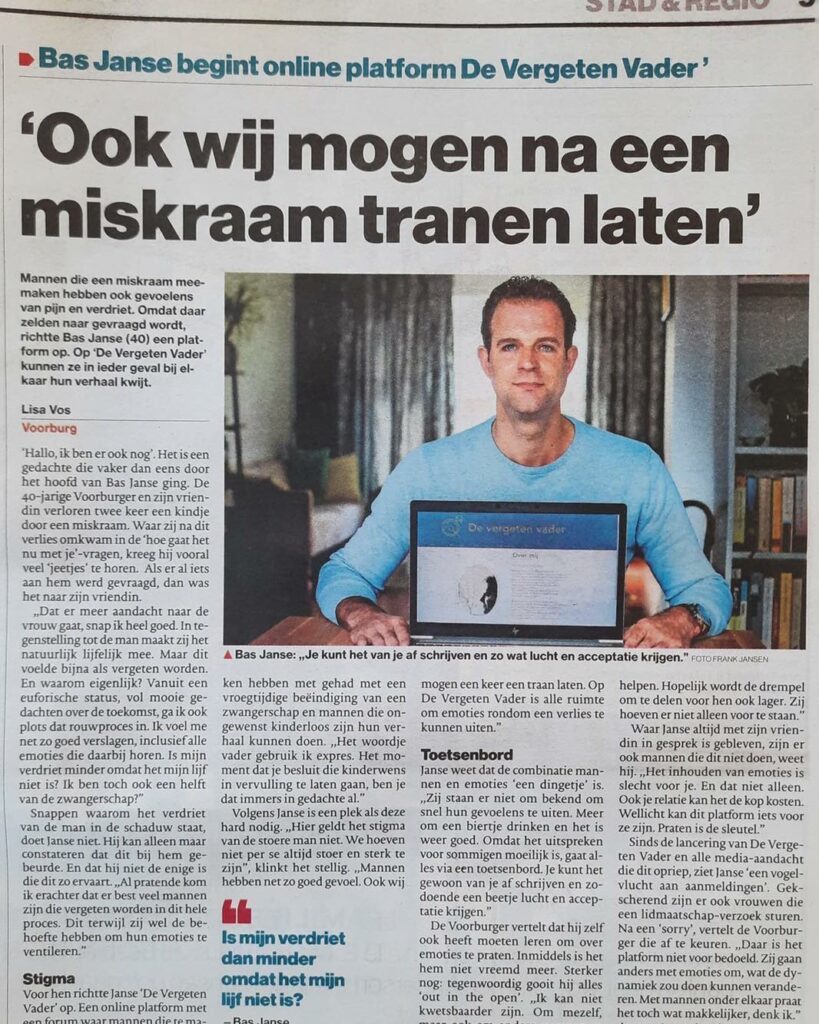 krantenartikel over het verdriet van vaders na een miskraam of stilgeboorte